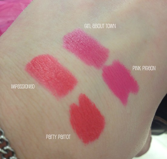 MAC Swatches Comparison Party Parrot Impassioned Girl About Town Pink Pigeon Lipstick