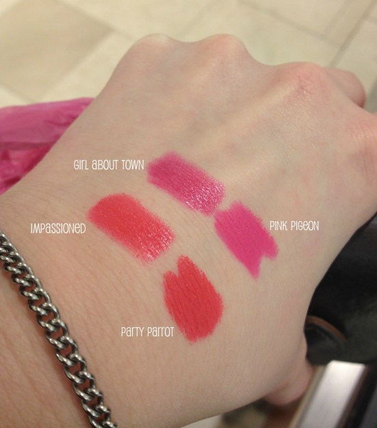 MAC Swatches Comparison Party Parrot Impassioned Girl About Town Pink Pigeon Lipstick